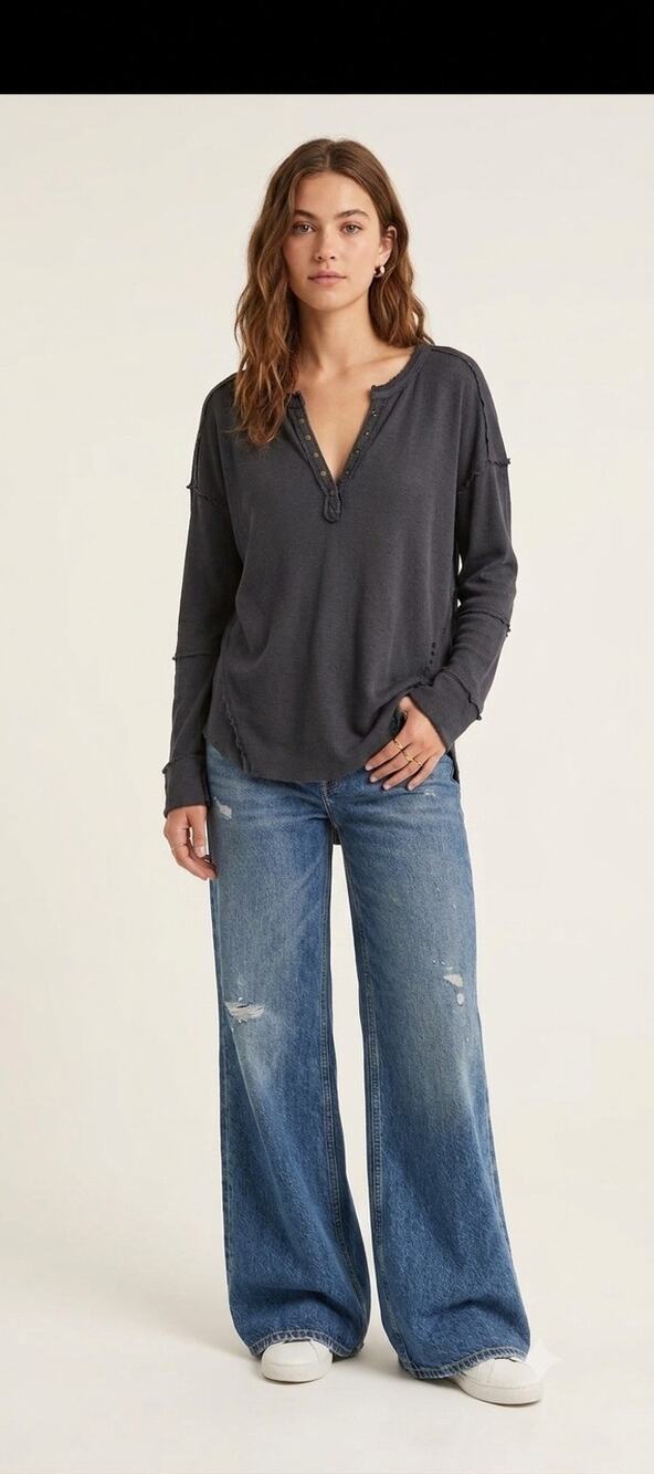 Free People We The Free Long Sleeve Gray Cotton Thermal Top Large